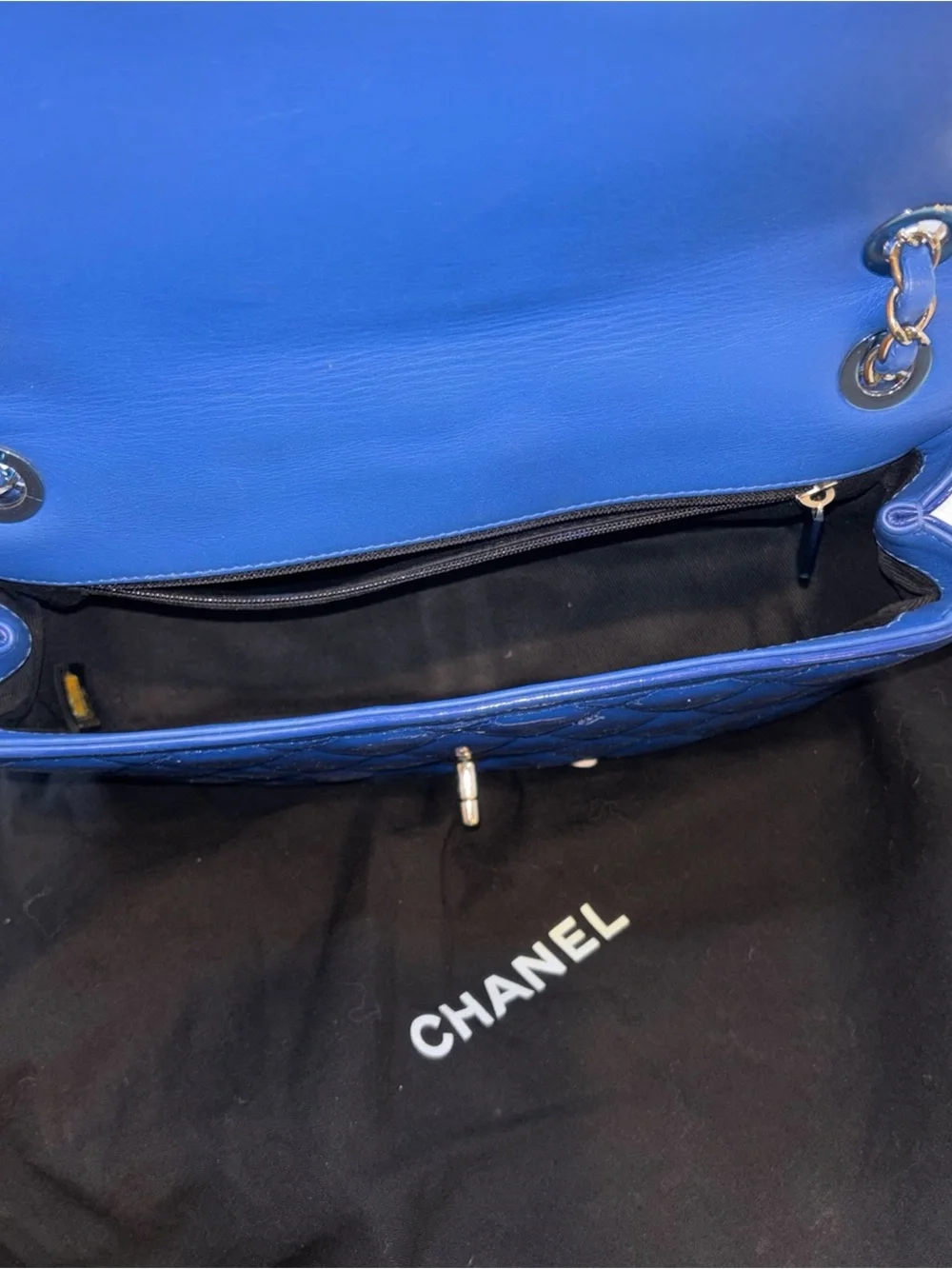 Chanel Timeless Classique Blue Patent Leather Flap Bag Silver Hardware